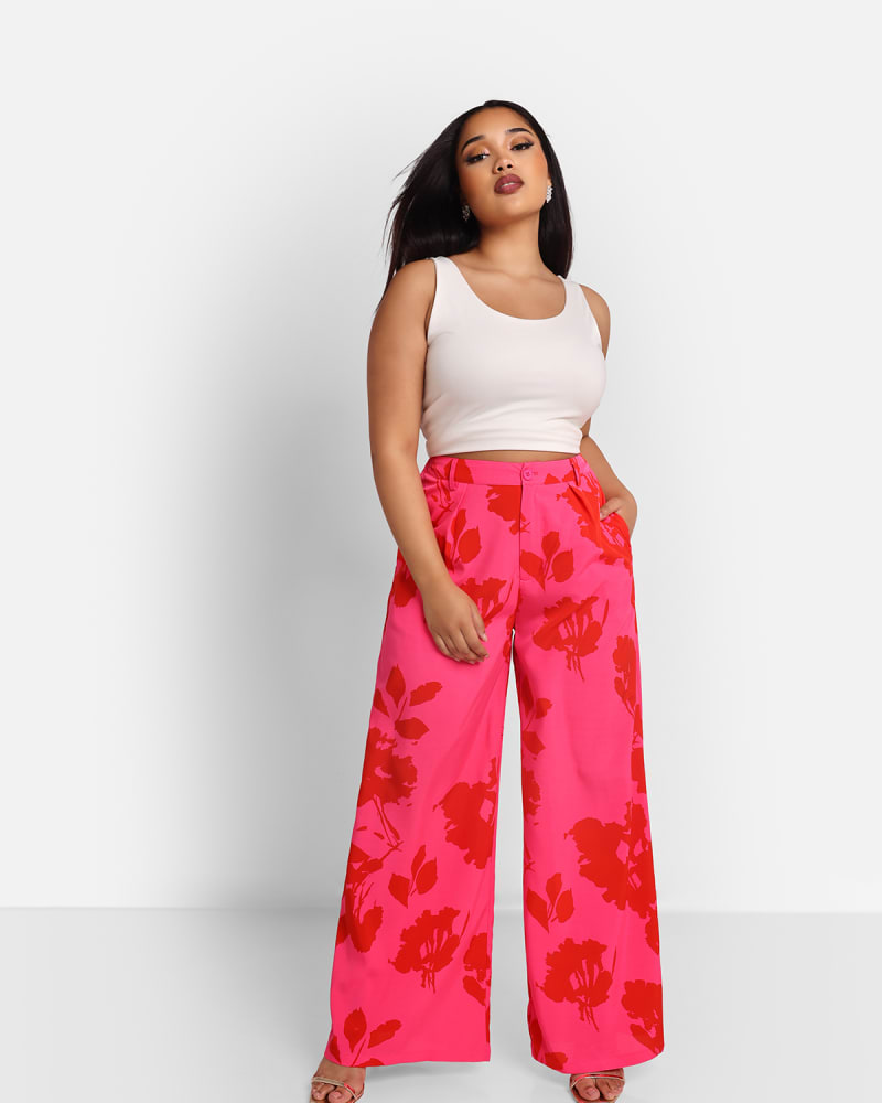 Front of a model wearing a size 4x Rebdolls Women's Carissa Floral Print Wide Leg Trousers W. Pockets in Pink by Rebdolls. | dia_product_style_image_id:327777